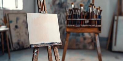 An easel with a canvas and brushes in an art studio photo