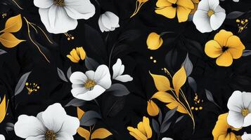 A black and white floral pattern with yellow flowers photo