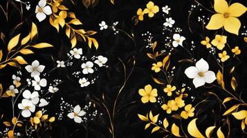 Black and white floral pattern with gold leaves photo