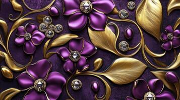 A purple and gold floral design with gold leaves photo