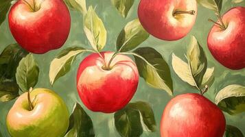 A painting of apples on a green background photo