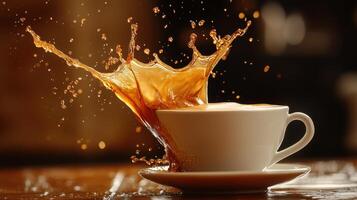 A cup of coffee is splashing with liquid photo