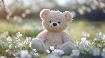 A teddy bear sitting in a field of flowers photo