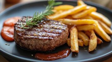 A steak and french fries on a black plate photo