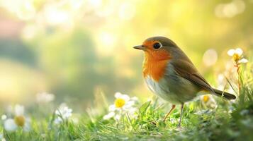 A small bird is standing on the grass with daisies photo