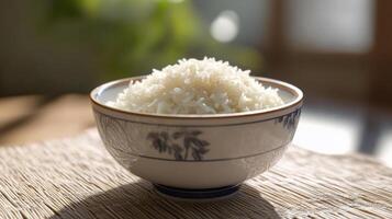 A bowl of white rice sitting on top of a table photo