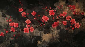 A painting of red flowers on a branch photo