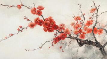 A painting of red flowers on a branch photo