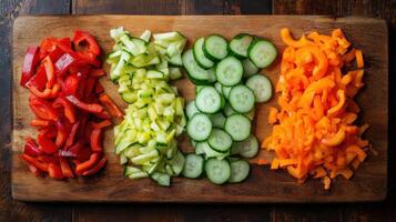 A cutting board with sliced vegetables photo