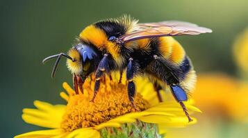 A bee is sitting on a yellow flower photo