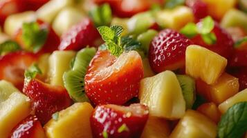 Fruit salad with strawberries, mango and mint photo