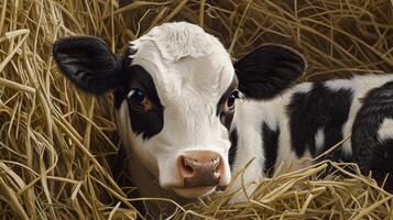 A black and white cow laying in some hay photo