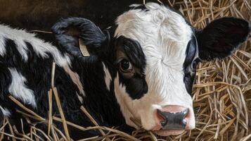 A black and white cow is laying in some hay photo