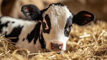 A black and white cow laying in straw photo