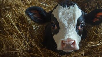 A cow is looking at the camera in a hay pile photo