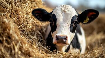 A cow is standing in a pile of hay photo