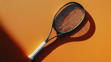 A tennis racket on an orange surface photo