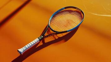 A tennis racket on a bright orange surface photo