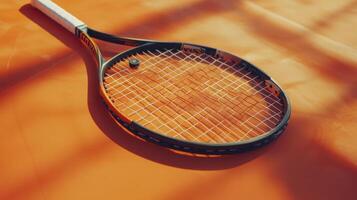 A tennis racket laying on top of an orange surface photo
