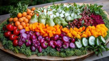 A wooden platter with a variety of vegetables photo