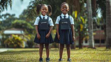 Two young girls in school uniforms standing in the grass photo