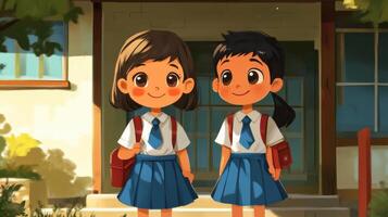 Two little girls in school uniforms standing outside a building photo