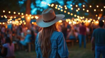 A woman in a cowboy hat is looking at the crowd at a music festival photo