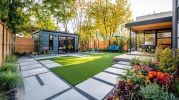 A backyard with a grass lawn and a small shed photo