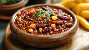 Chili con carne in a wooden bowl photo