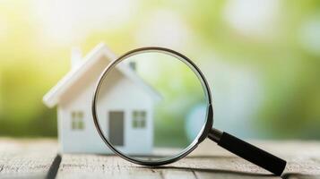 A magnifying glass is looking at a house model photo