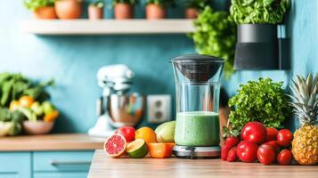 A blender with fruits and vegetables on a counter photo