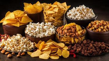 A variety of snacks and snacks are arranged in bowls photo
