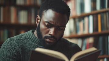 A man is reading a book in a library photo