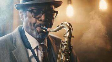 A man in a suit and hat playing a saxophone photo
