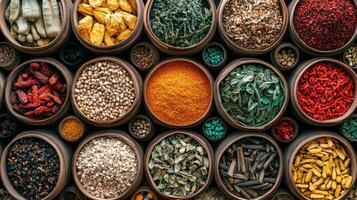Various types of spices and herbs in bowls photo