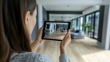 A woman holding up a tablet with a photo of a home