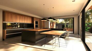 A kitchen with a dining table and chairs photo