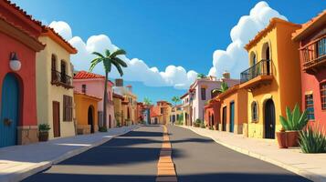 Cartoon street scene with colorful houses and palm trees photo