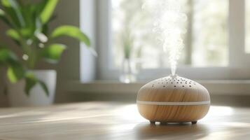 A humidifier in a wooden ball on a table photo