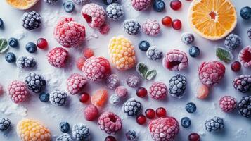 Fresh fruits and berries on a white surface photo