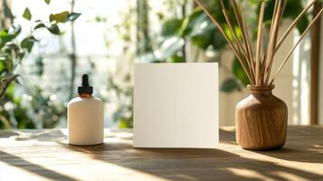 A blank card and a bottle of essential oils on a wooden table photo