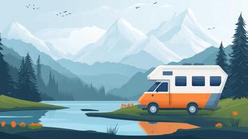 An rv is parked near a lake and mountains photo