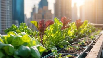 A rooftop garden with vegetables growing in containers photo
