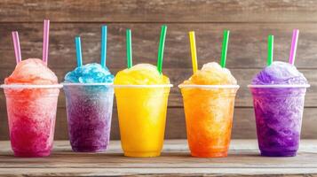 A row of colorful drinks in plastic cups photo