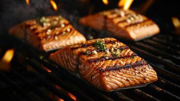 Grilled salmon on the grill photo