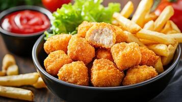 Fried chicken nuggets and french fries in a bowl photo