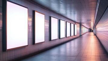 An empty hallway with several blank billboards photo