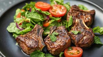 Grilled lamb chops with salad on black plate photo