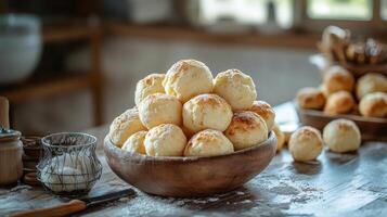 A bowl of bread rolls sitting on a table photo