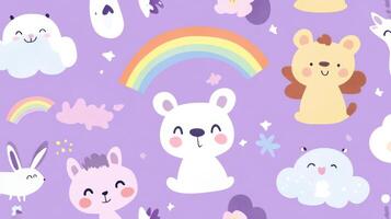 A purple background with cute animals and a rainbow photo